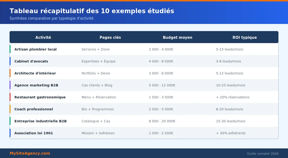Tableau récapitulatif des 10 exemples de sites vitrines réussis